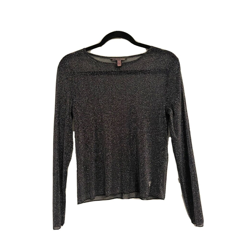 Y2K Victoria’s Secret Sheer Shimmer Mesh Top Women's XS Black Silver T-Shirt Tee